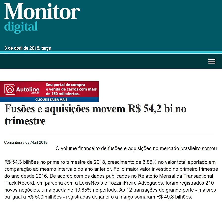 Fuses e aquisies movem R$ 54,2 bi no trimestre